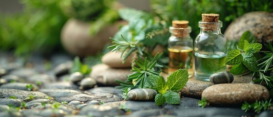Herbal Wellness Background with Fresh Herbs and Oils  