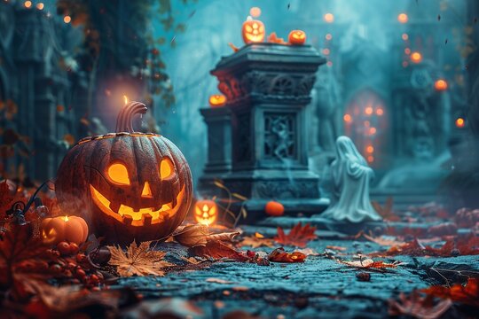 Spooky Halloween Vibe with Jack-o'-Lanterns and Ghosts

