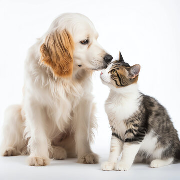 Dog and cat kissing on white background, Generative AI