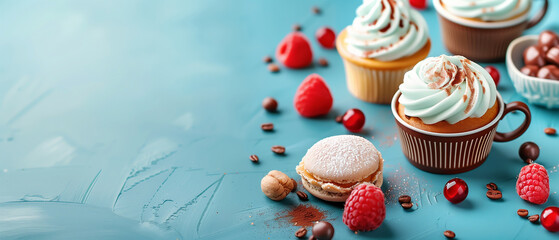 cakes and berries on a blue background, copy space banner