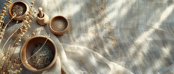 Earthy Wellness with Clay Bowls and Dried Herbs

