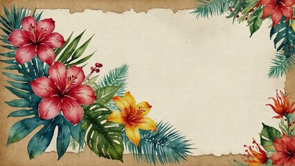 old watercolour flowersб card with copy space on aged paper background