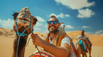 Tourists riding on camel in desert. 