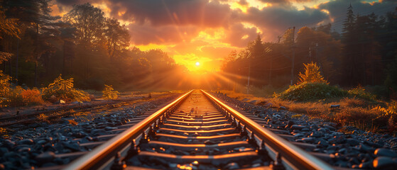 railway in the morning or in the sunset - obrazy, fototapety, plakaty