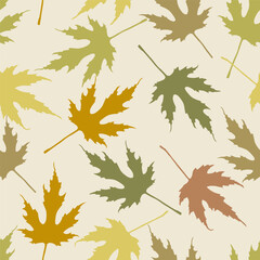 Multi-colored falling maple leaves. Silhouettes of autumn leaves on a light background. Vector seamless pattern. Pastel colors.
