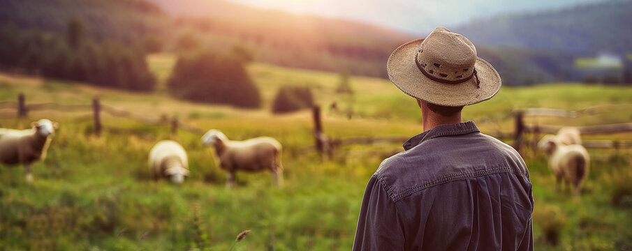 farmer in a hat watching a flock of sheep on a green meadow