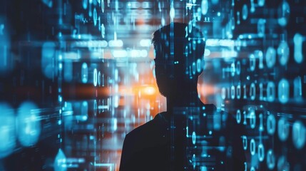A man's silhouette blends into a dynamic background of flowing binary code, depicting the fusion of humans and digital data.