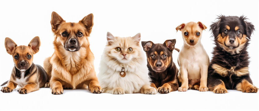 animal care concept, group of domestic dogs and cats on white background