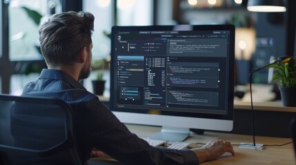 Fototapeta premium A male programmer is focused on coding at his workstation with a large monitor displaying an integrated development environment (IDE).