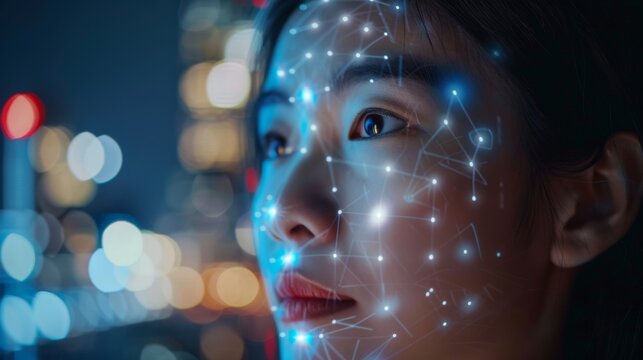 A young woman's face is overlaid with a digital mesh grid of a facial recognition system, set against the blurred lights of a cityscape at night.