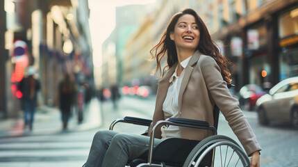 Disabled woman in wheelchair commuting to work. Businesswoman with disability on her way to the...