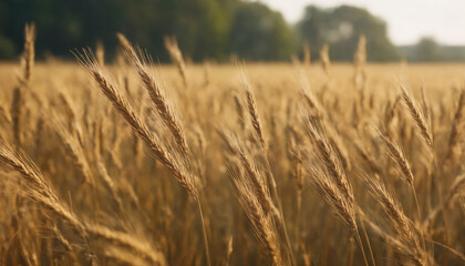 Rye field for flour production. Wheat, spikelets close-up.