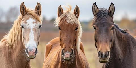 Group of young horses in a pasture - obrazy, fototapety, plakaty