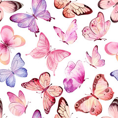 Butterfly seamless pattern. Watercolor illustration. Pink and lilac butterflies repeating print. Floral background