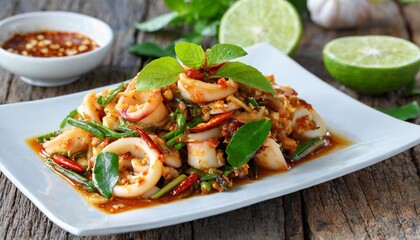stir fried squid with roasted chili paste pla meuk pad nam prik paw stir fry squid in thai style popular thai food recipe - obrazy, fototapety, plakaty