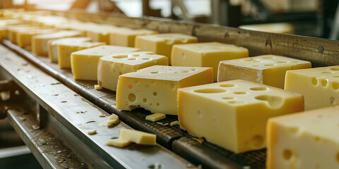 cheeses on a conveyor belt - obrazy, fototapety, plakaty
