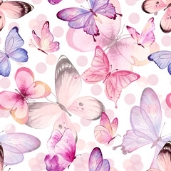 Butterfly seamless pattern. Watercolor illustration. Pink and lilac butterflies repeating print. Floral background