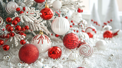 Red and white balls, toys, and decorations.