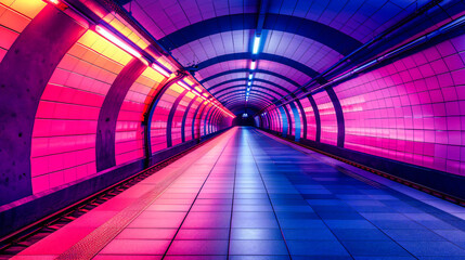 Futuristic City Tunnel: A Colorful, Illuminated Subway Corridor, Reflecting Modern Urban...