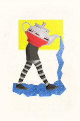 3d retro abstract illustration collage of head instead teapot kettle pouring blue water beverage...