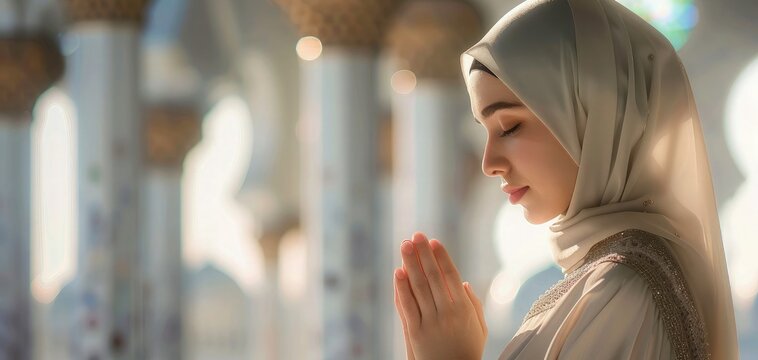 a beautiful muslim young woman prayer with hijab. behind blur mosque background concept for islamic ramadan, eid mubarak, life and soul fasting with copy space