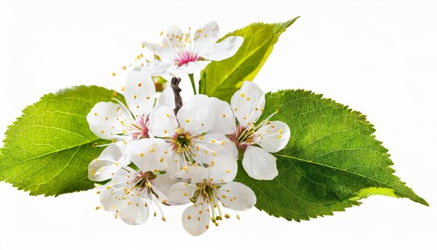 fresh flowers and leaves of prunus tree isolated on white or transparent background spring flowering