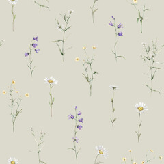 Seamless pattern watercolor meadow flower with white chamomile and violet bluebell. Repeat wallpaper forest flower yellow ranunculus. Hand drawn illustration on isolated background.