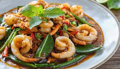 stir fried squid with roasted chili paste pla meuk pad nam prik paw stir fry squid in thai style popular thai food recipe - obrazy, fototapety, plakaty