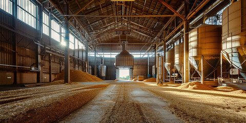 half empty hangar with grain on a farm - obrazy, fototapety, plakaty