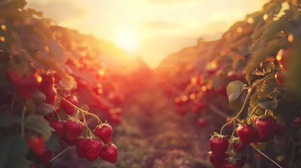 Crédence de cuisine en verre imprimé Brique Red fresh strawberries in a row growing in the field.