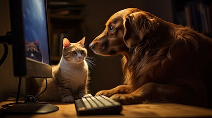 pet dog and cat on computer