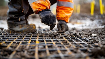 Picture of a person wearing safety equipment setting up a digging grid in an engineering field.