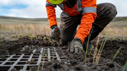 Picture of a person wearing safety equipment setting up a digging grid in an engineering field.
