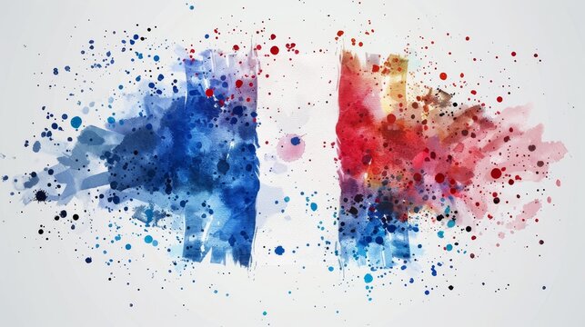 Watercolor abstract splashes background in France flag colors. Template for national holidays or celebration background. 