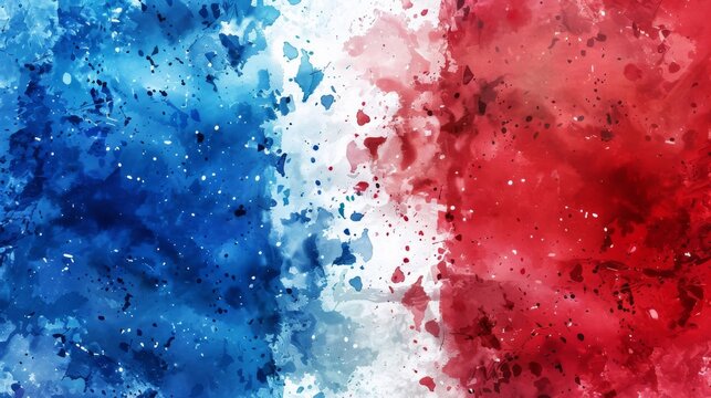 Watercolor abstract splashes background in France flag colors. Template for national holidays or celebration background. 
