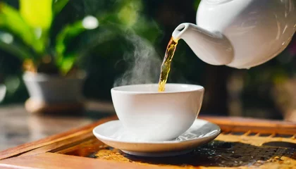 Poster close up pouring hot black tea in a white tea cup tea ceremony time concept © Sawyer
