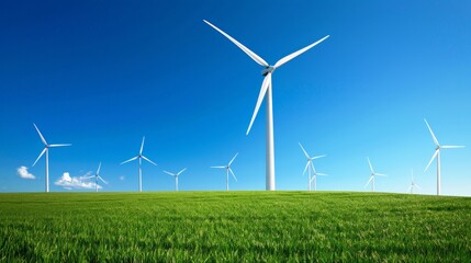 This image shows a wind farm that produces renewable energy under a clear blue sky. 