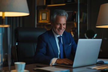 middle aged professional business man company executive ceo manager wearing blue suit sitting at desk in office working on laptop computer - obrazy, fototapety, plakaty