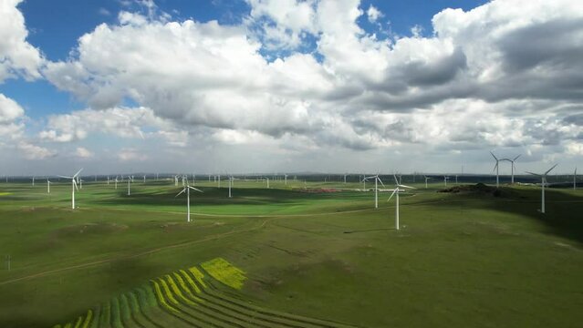 Aerial View of Wind Turbine Farm on the Prairie 
