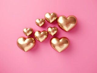 Fototapeta premium Golden hearts on a pink background.