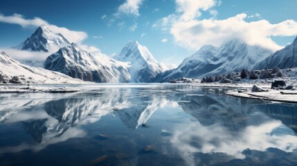 Fototapeta na wymiar Snow-Covered Mountains and Lake Painting