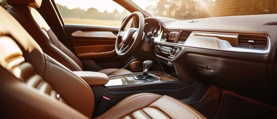 The setting sun casts a warm light over the car's brown leather interior. The seamless design emphasizes comfort and a serene driving experience.