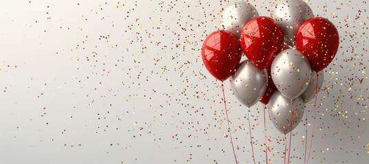 Gold and red balloons and sparkly confetti on a white background. Celebration