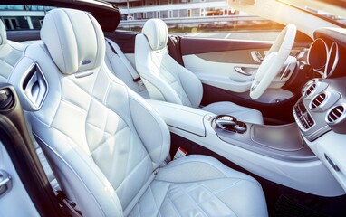 Sunlight floods the cabin of a luxury car, illuminating the pristine white leather seats and contemporary interior design. The image exudes a sense of sophistication and cleanliness.