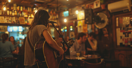 Musician serenades a captivated crowd with an acoustic guitar performance in the ambient lighting of a bustling bar. - obrazy, fototapety, plakaty