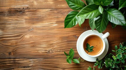 a white coffee cup on a wooden table with green plants - obrazy, fototapety, plakaty