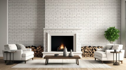 cozy white brick fireplace - obrazy, fototapety, plakaty