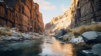 River Flowing Through Canyon Surrounded by Mountains - Powered by Adobe