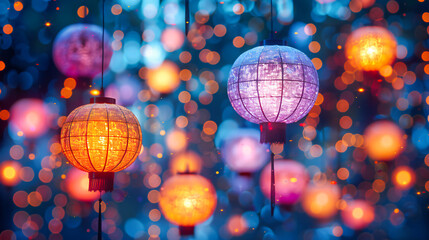 Festive Lantern Festival: A Nighttime Celebration with Colorful Lanterns Illuminating the Sky,...