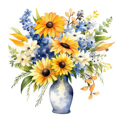 Vase of flowers watercolor clipart illustration on transparent background